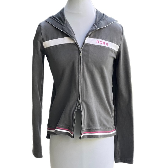 BCBGMaxAzria Jackets & Blazers - BCBG Max Azaria Hooded Jacket Large LG L Grey White and Pink Stripes